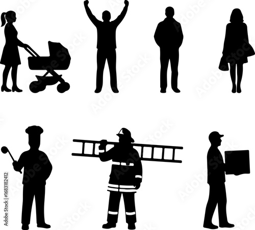 Diverse human professions and life stages represented in black silhouette