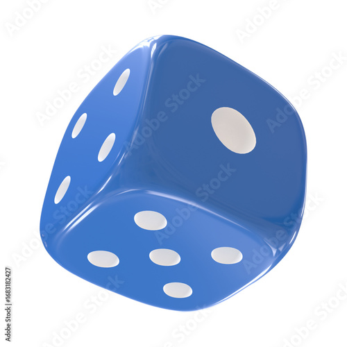 A single blue dice with white spots, showing the numbers one, two, and six.