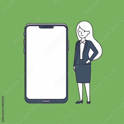 A professional businesswoman stands confidently next to an oversized smartphone with a blank white screen.