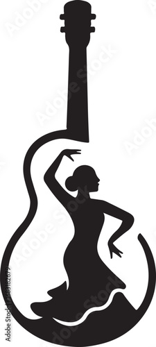 Flamenco dancer silhouette inside acoustic guitar isolated on white background
