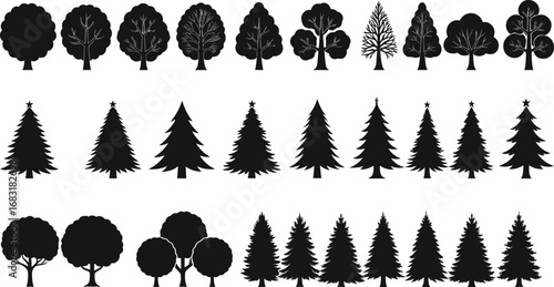 Collection of tree silhouettes featuring deciduous, pine, Christmas, and decorative trees for landscape design, vector illustration, and nature projects.