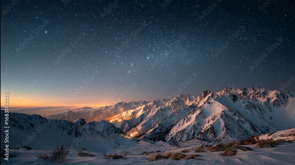 Obraz premium A breathtaking night sky filled with glowing stars above snowy mountains, cinematic landscape