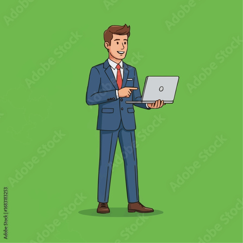 Man in suit pointing at laptop computer on green background.