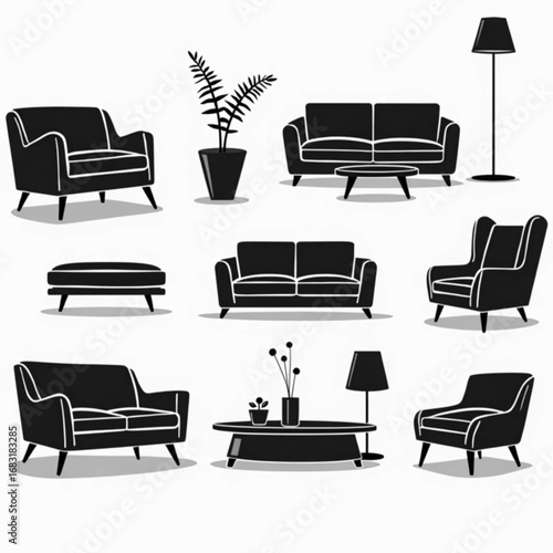 Interior Design Elements: A collection of minimalist furniture silhouettes, including chairs, sofas, a coffee table, and decorative plants. A stylized presentation for design inspiration.