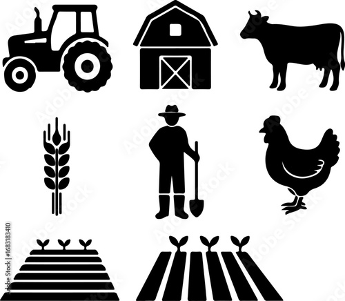 Collection of farm life icons featuring a tractor barn cow farmer chicken and fields silhouette