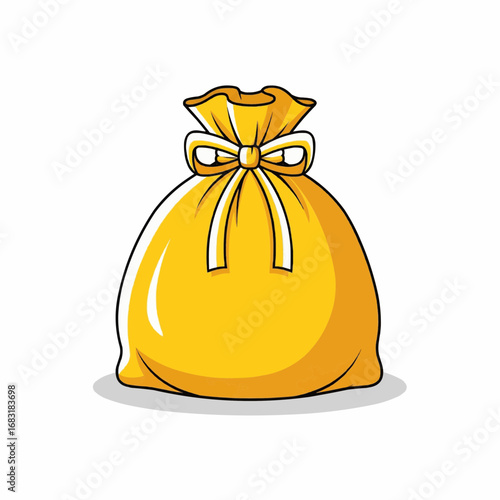 A vibrant yellow cartoon sack, full and tied securely at the top with a large, neat bow, suggesting treasure or a gift.
