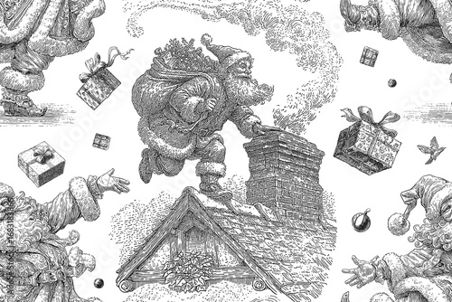 Traditional European Christmas scenes with Santa. Seamless vector pattern. Vintage engraving or ink drawing style vector illustration.
