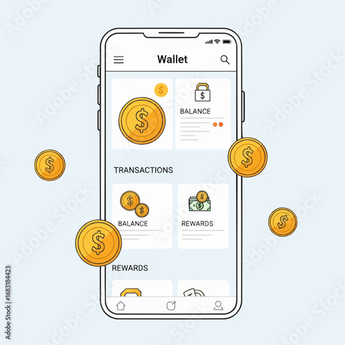Illustration of a mobile phone screen showing a digital wallet application for managing finances, transactions, and rewards, with floating dollar coins.