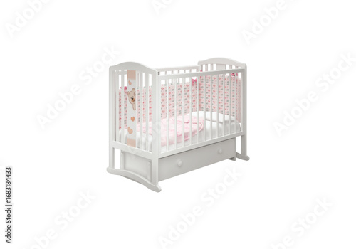 White wooden baby crib infant bed png on transparent background