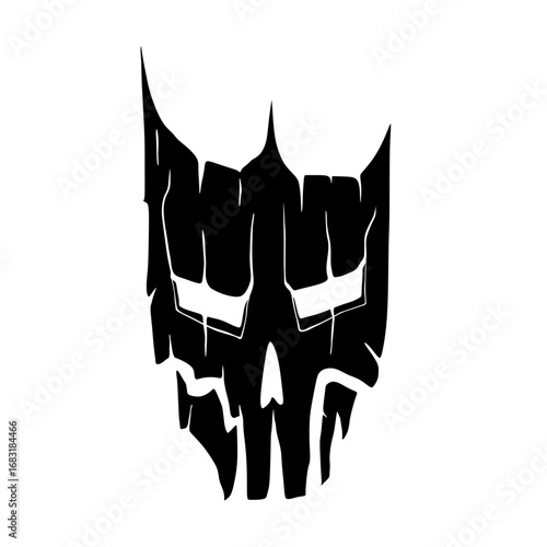 A detailed black and white illustration of a cracked and fragmented skull mask.