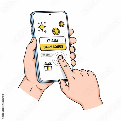 A cartoon illustration of a hand holding a smartphone, with a finger tapping the screen to claim a daily bonus in a mobile application.