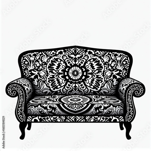 Ornate Sofa's Artistic Aura: A close-up of a black and white sofa, displaying intricate patterns and designs. Evoking a sense of sophistication and classic interior style.