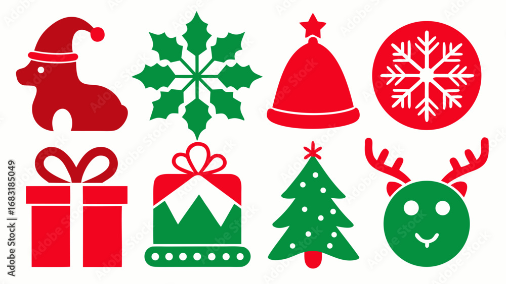 Naklejka premium Vector art of a set of festive christmas icons featuring reindeer, snowflakes, gifts, and a christmas tree, , perfect for holiday designs