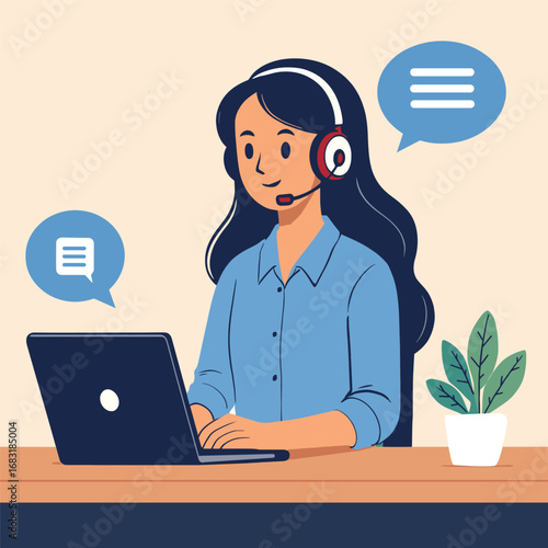 Customer Service Representative with Headset, Customer Support Agent illsutration flat art