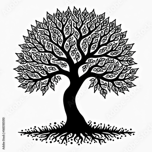 Tree of Life Silhouette: A symmetrical and artistic tree silhouette is artfully depicted, showcasing a rich tapestry of leaves, a sturdy trunk, and intricate root system against a clean backdrop.
