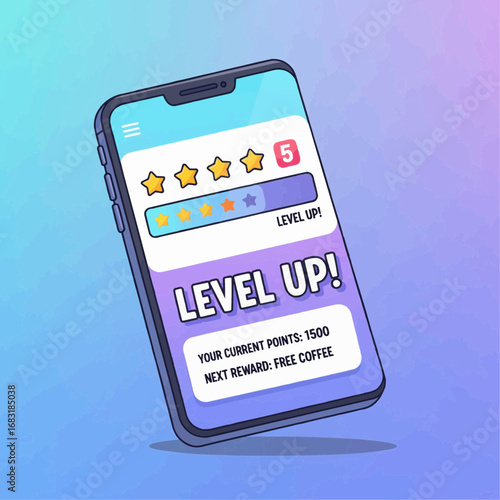 Illustration of a smartphone displaying a gamified loyalty app with a 'Level Up!' notification, points, and a free coffee reward.
