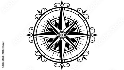 Detailed compass rose with ornate flourishes and eight points in a circular design element created with generated ai