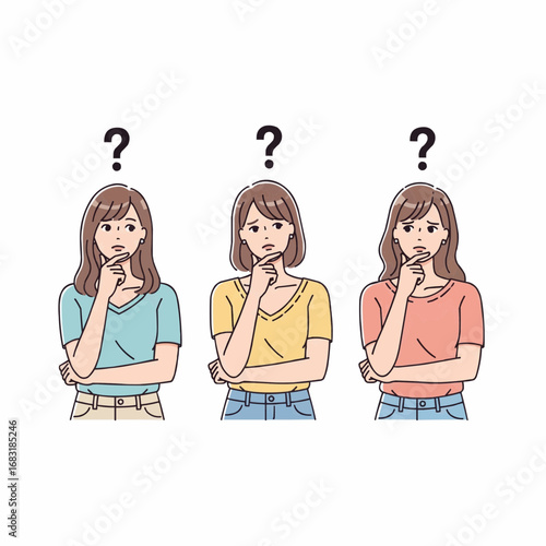 A set of three illustrations showing a young woman with a thoughtful, questioning expression, with question marks above her head.