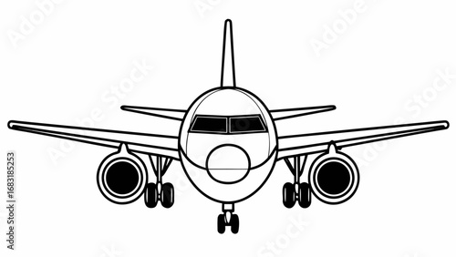 Front view of a commercial airplane with wings and engines in black and white outline style design vector created with generated ai