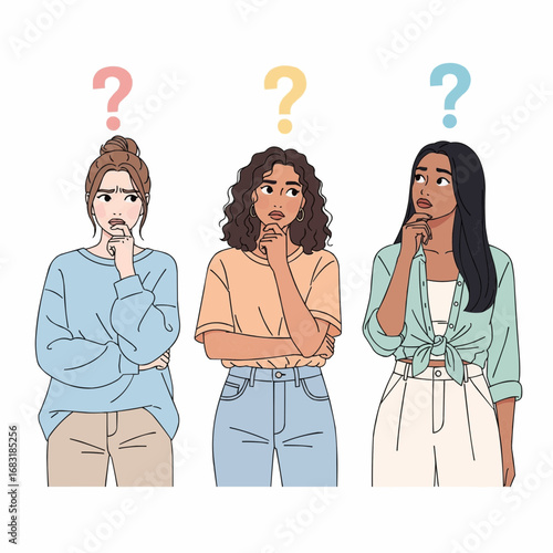 Three diverse young women looking thoughtful and confused with question marks floating above their heads.