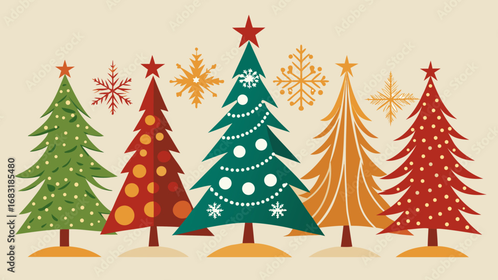 Obraz premium Vector art of colorful christmas trees and snowflakes in retro style for holiday season, perfect for greeting cards, invitations, and festive designs