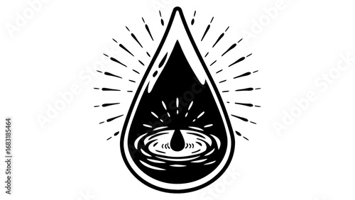 A bold black and white illustration of a water droplet with radiating lines and water ripples design created with generated ai