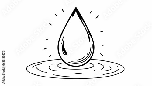 A simple line drawing of a water droplet falling into water creating ripples and radiating outwards light created with generated ai