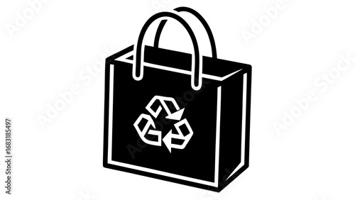 Illustration of a black reusable shopping bag with a white recycle symbol and handles design element created with generated ai