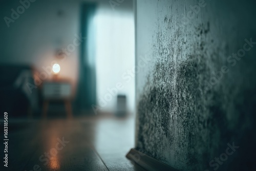 Moldy wall in a dimly lit room