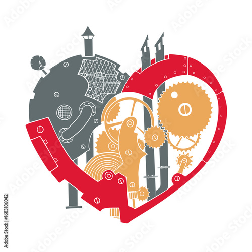 Steampunk heart illustration featuring gears, cogs, and mechanical components in a detailed design.