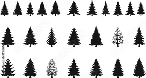 Collection of Various Pine Tree Silhouettes with Christmas Stars for Holiday, Winter, Forest, Nature, Seasonal, and Festive Vector Design Elements