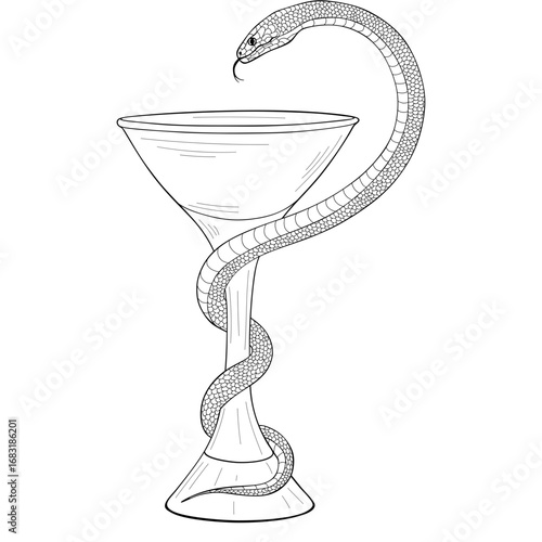 Bowl of Hygieia with snake, symbol of pharmacy and medicine, line art.