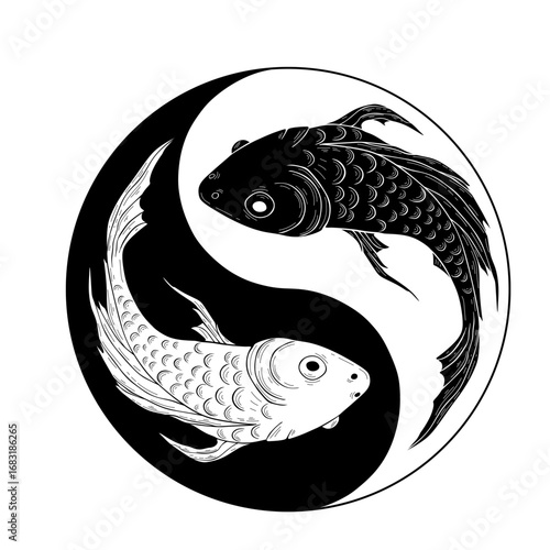 A black and white Yin Yang symbol depicted with two detailed koi fish swimming in a circle, representing balance and duality.