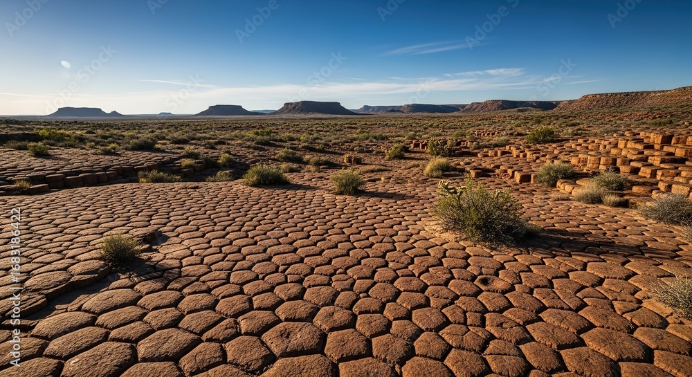 Fototapeta premium Cracked Earth Landscape with Distant Mesas Under a Clear Blue Sk
