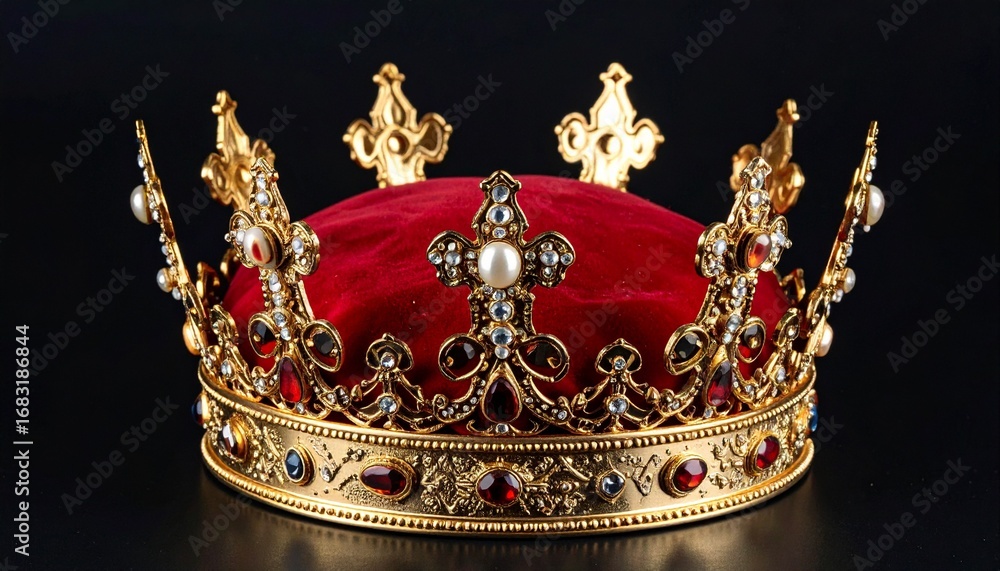 Fototapeta premium Gold crown with red jewel accents on an elegant black background