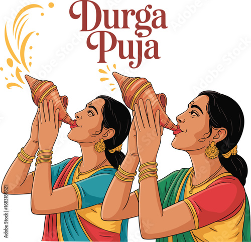 Durga Puja Festival Illustration with Women Blowing Conch Shells Design