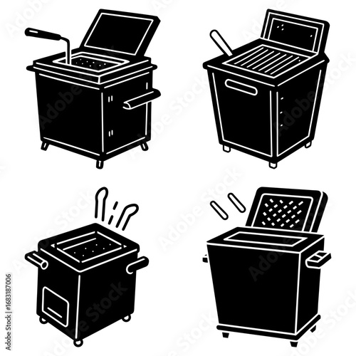 Illustration of four deep fryers with varying designs and features in a monochrome black and white style