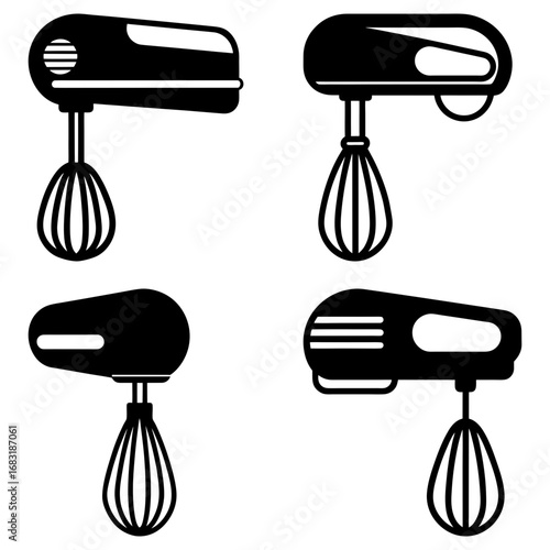 Four black and white illustrations of electric mixers with whisks in various orientations and styles