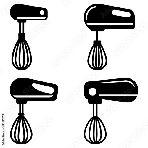 Four black and white graphic representations of hand mixers in varying orientations and styles shown