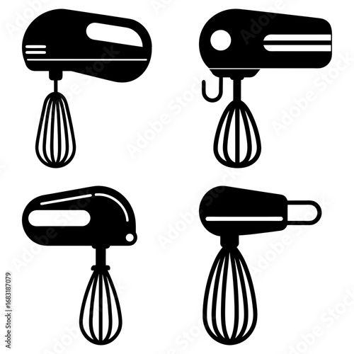 Four black and white illustrations of electric hand mixers in different orientations on a white background