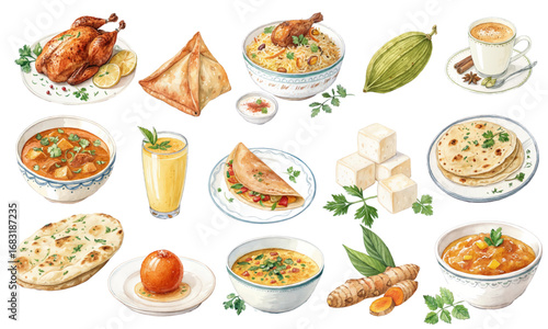 Watercolor Vector Set of Indian Food, Traditional Cuisine, Curry, Samosa, Paneer, Naan