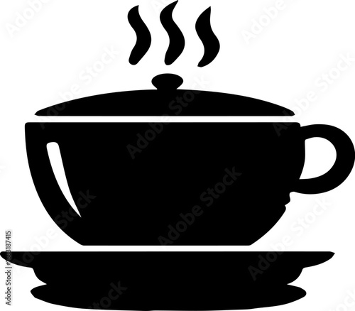Black coffee cup with steam coming out of it. The cup is on a white plate