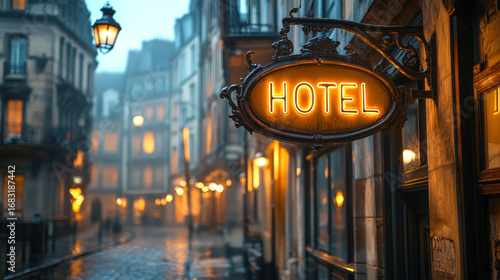 Fototapeta Naklejka Na Ścianę i Meble -  Hotel sign glowing on a rainy street in a european city with buildings and street lights visible
