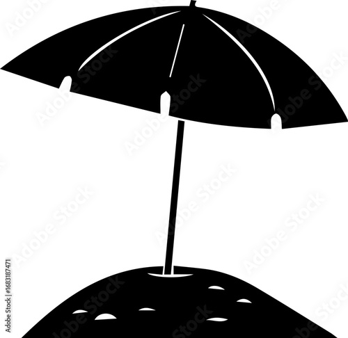 Black and white drawing of a beach umbrella on a sandy beach. The umbrella is open and the beach is empty
