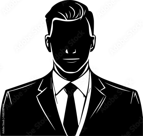 Man in a suit and tie with his face obscured. The man is wearing a suit and tie and has a serious expression on his face