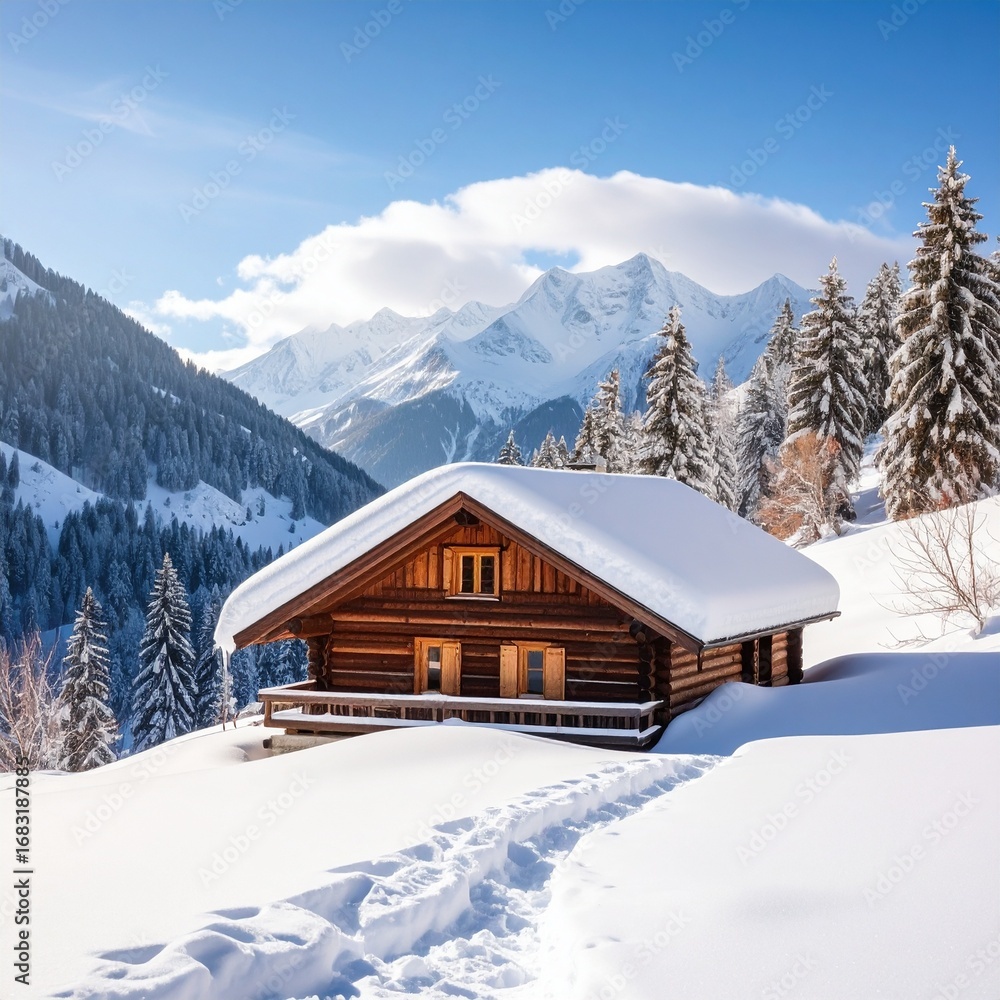 Fototapeta premium Cabin in the snowy forest with mountains and trees
