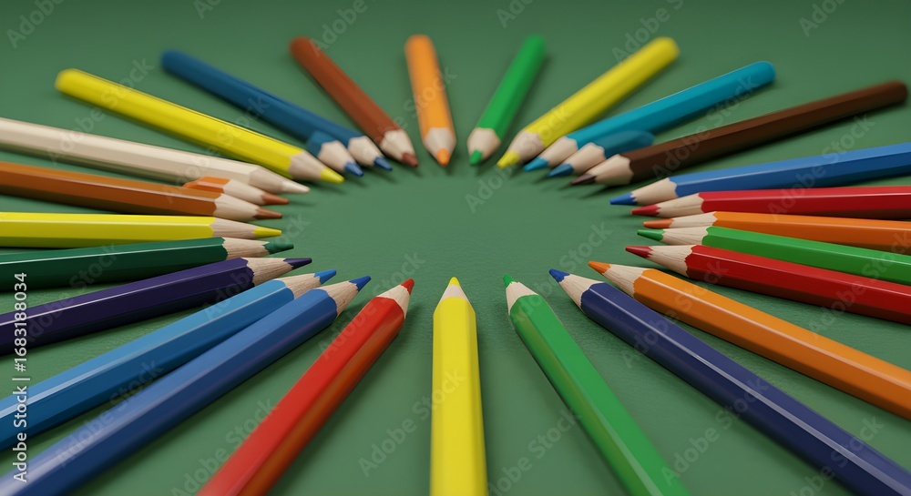Fototapeta premium Vibrant colored pencils arranged in a circle on a green background, inspiring creativity and learning