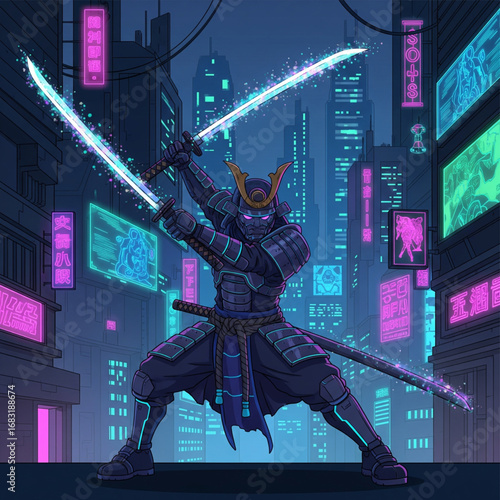 Dynamic Cyberpunk Samurai Warrior with Dual Glowing Katanas in a Vibrant Neon City. Epic Futuristic Sci-Fi Digital Artwork.