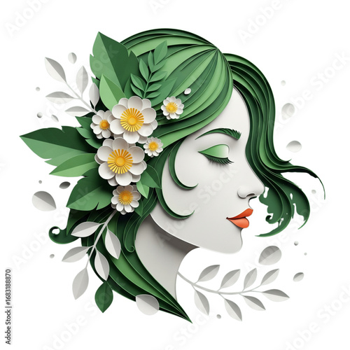 Elegant paper cut art woman profile with green leaf hair and white flowers. Nature-inspired layered illustration design.