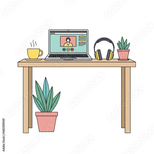 Clean flat design vector of a home office desk with laptop for online meeting, coffee, headphones, and plants.